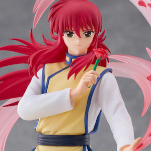 Close-up portrait highlighting Kurama's calm expression, green eyes, flowing red hair, and sculpted red rose.