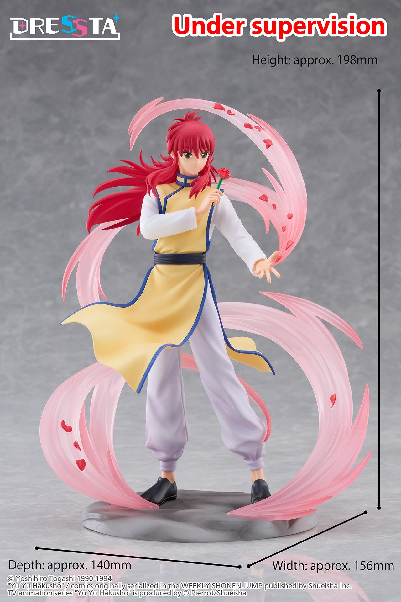 Product dimension reference graphic for Kurama DRESSTA figure indicating height 198mm, depth 140mm, and width 156mm.