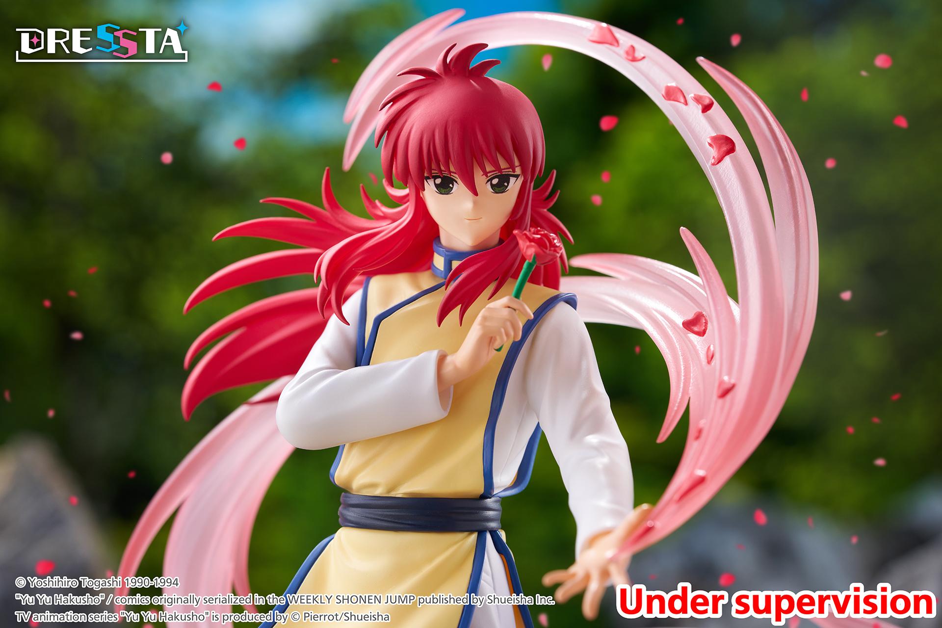 Medium shot of Kurama holding a rose against a sunny outdoor forest backdrop with floating petal graphics.