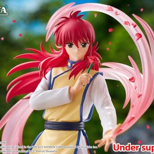 Medium shot of Kurama holding a rose against a sunny outdoor forest backdrop with floating petal graphics.