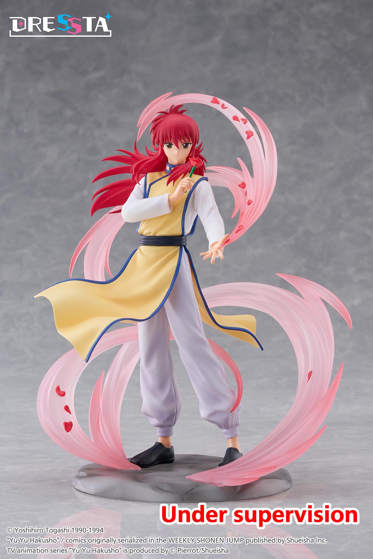 Yu Yu Hakusho Kurama DRESSTA figure holding a red rose with translucent pink swirling petal effect parts on a rocky display base.