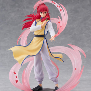 Yu Yu Hakusho Kurama DRESSTA figure holding a red rose with translucent pink swirling petal effect parts on a rocky display base.