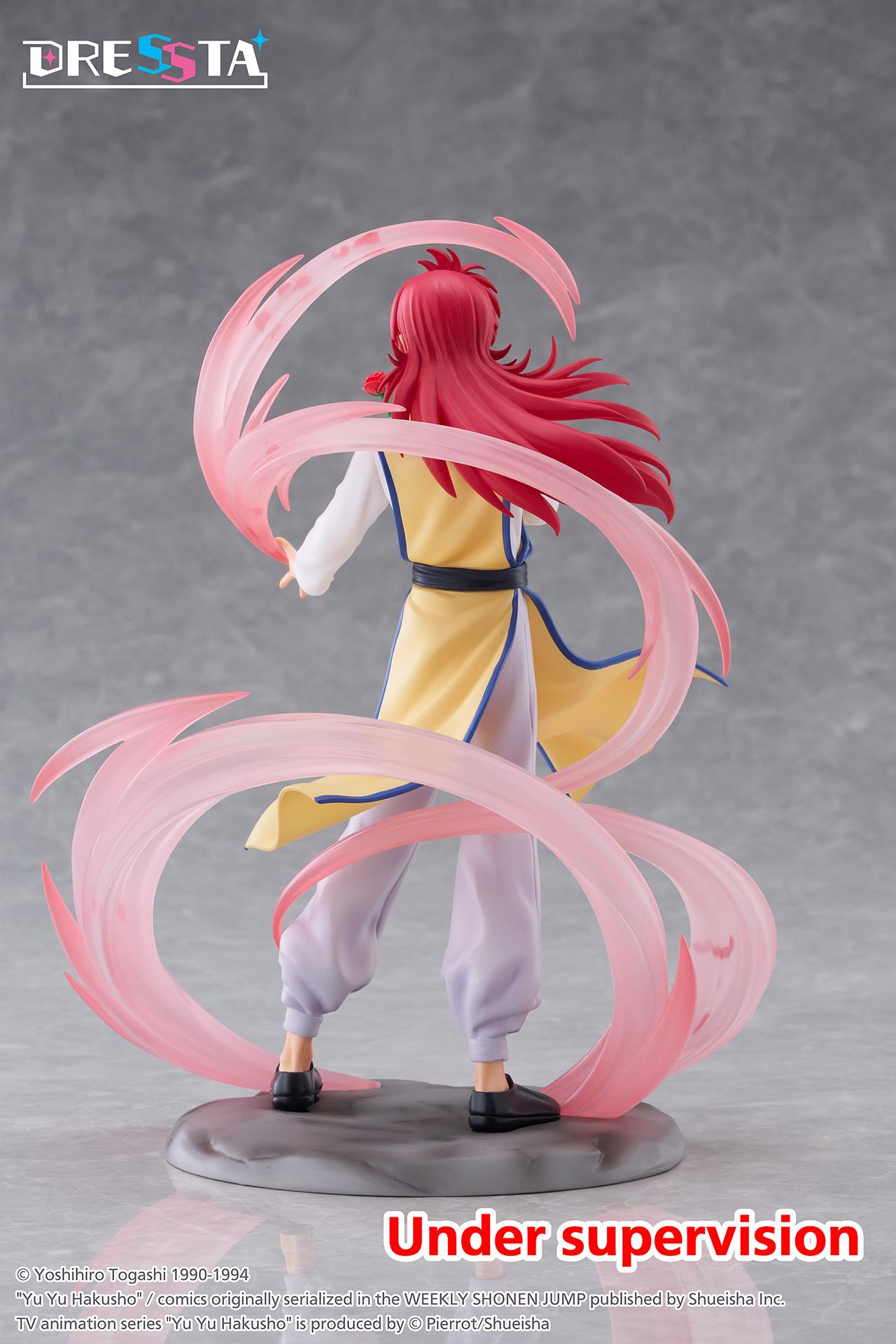 Rear back view of Kurama DRESSTA figure showcasing long red hair sculpt, sash detailing, and spiraling energy rings.