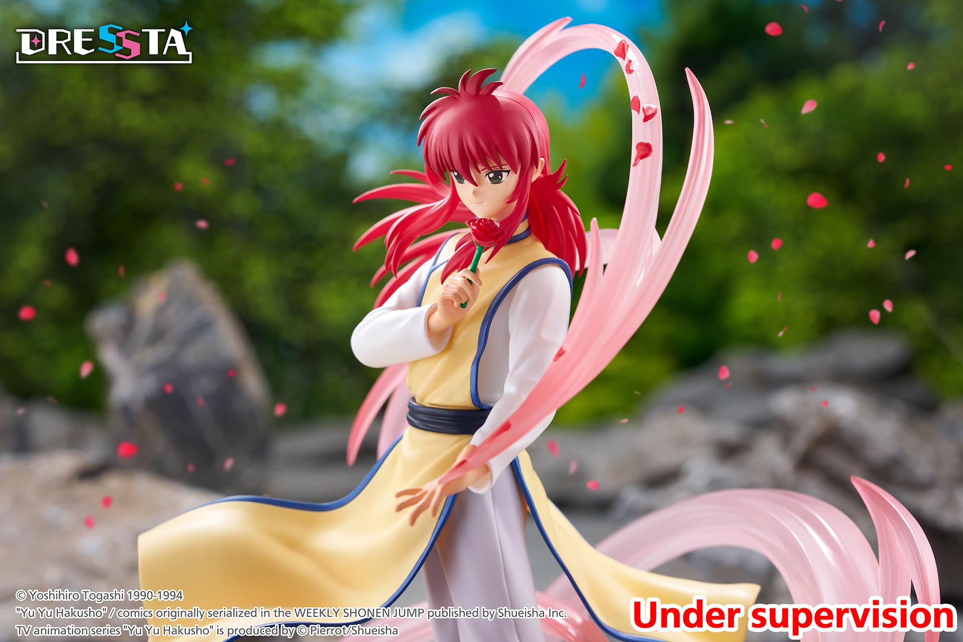Side three-quarter action shot of Kurama unleashing rose petal storm power outdoors in a scenic rocky setting.