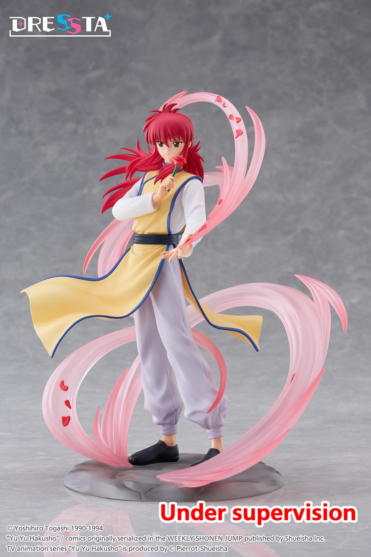 Three-quarter front view of Kurama non-articulated anime figure in yellow and white tunic with swirling rose petal aura.