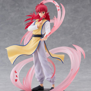 Three-quarter front view of Kurama non-articulated anime figure in yellow and white tunic with swirling rose petal aura.