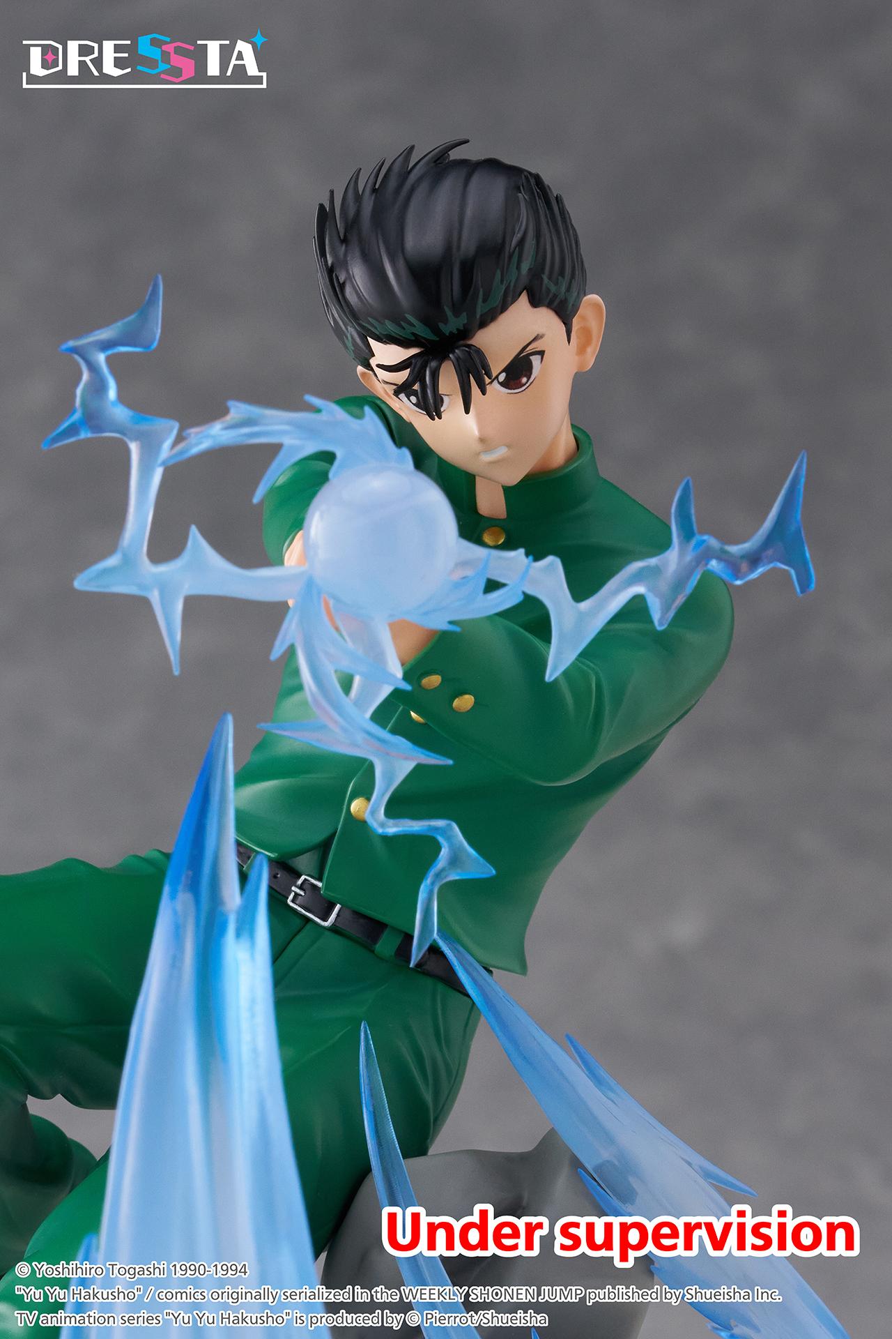 Close-up shot of Yusuke Urameshi's focused facial expression and translucent blue spiritual energy orb.
