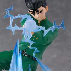Close-up shot of Yusuke Urameshi's focused facial expression and translucent blue spiritual energy orb.