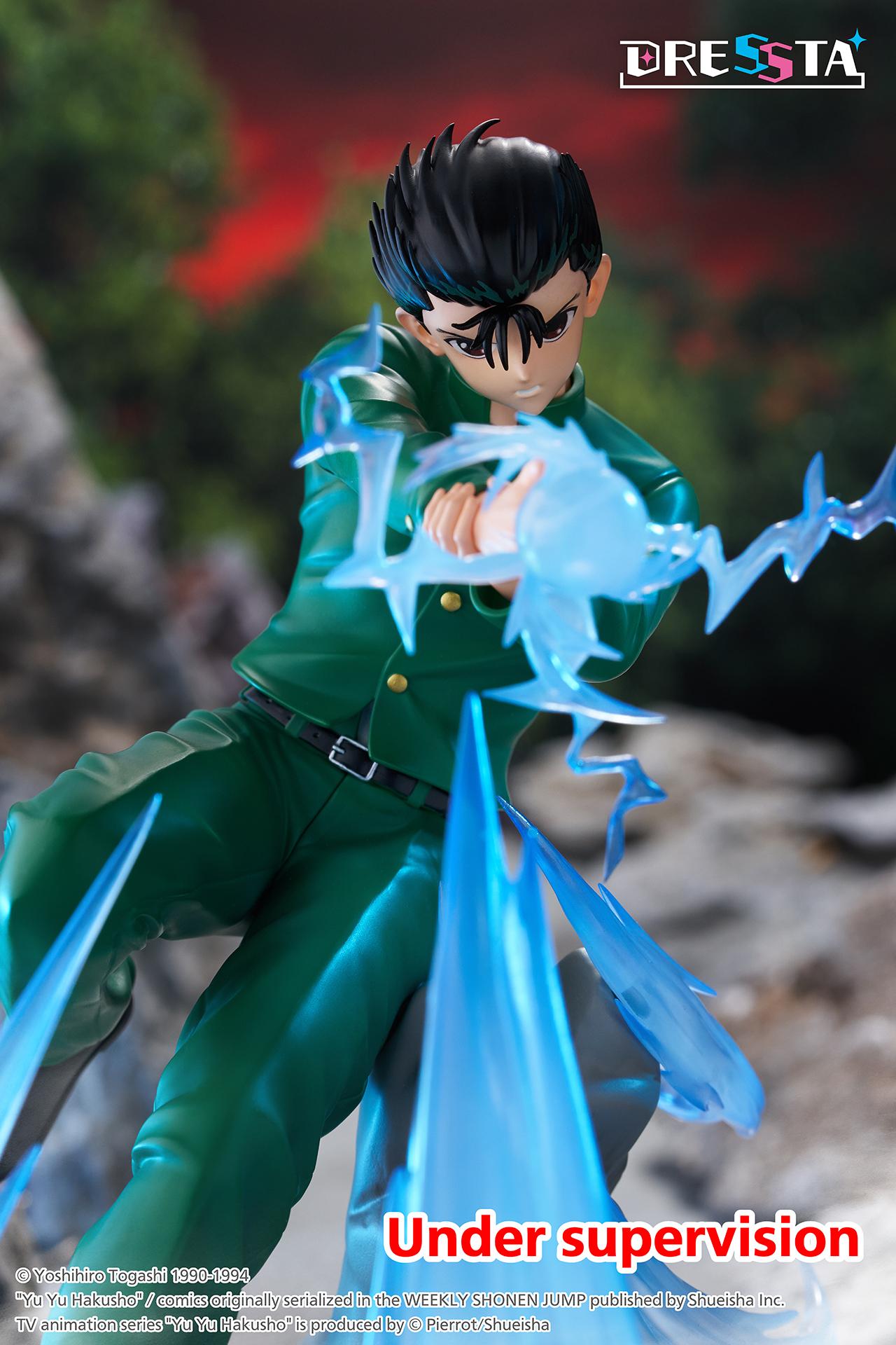 Dynamic low-angle close-up of Yusuke Urameshi channeling spiritual energy in front of scenic outdoor backdrop.