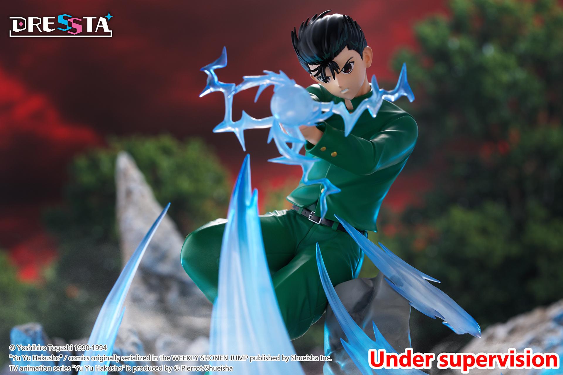 Medium shot of Yusuke Urameshi firing Spirit Gun with cinematic outdoor battlefield lighting.