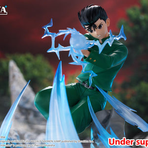 Medium shot of Yusuke Urameshi firing Spirit Gun with cinematic outdoor battlefield lighting.
