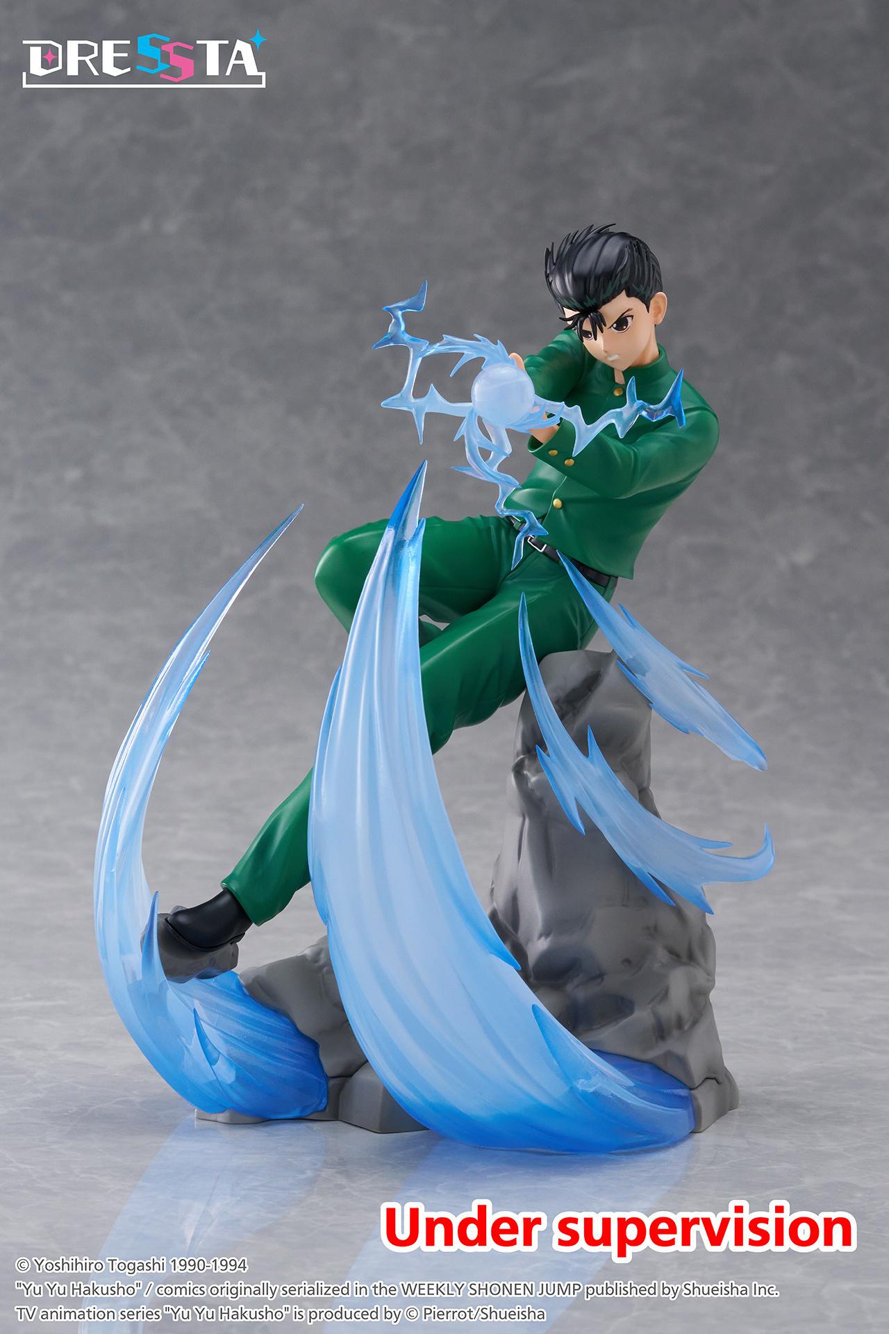 Full-body three-quarter front view of Yusuke Urameshi DRESSTA non-articulated figure in green school uniform.