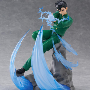 Full-body three-quarter front view of Yusuke Urameshi DRESSTA non-articulated figure in green school uniform.