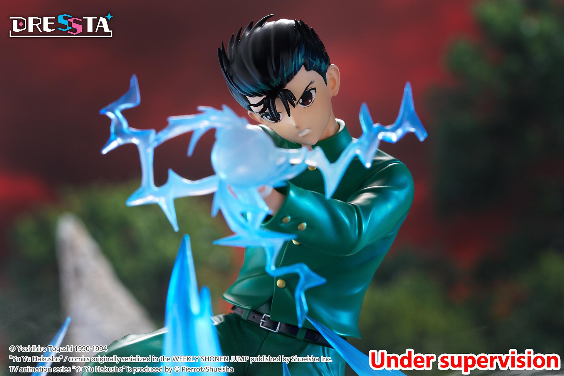 Dramatic wide crop highlighting Yusuke Urameshi's determined eyes, black spiked hair, and glowing energy effect.
