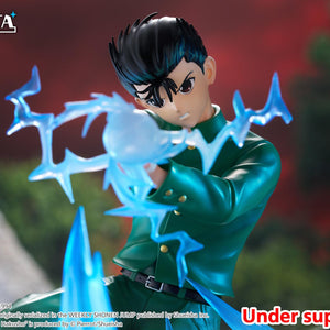 Dramatic wide crop highlighting Yusuke Urameshi's determined eyes, black spiked hair, and glowing energy effect.