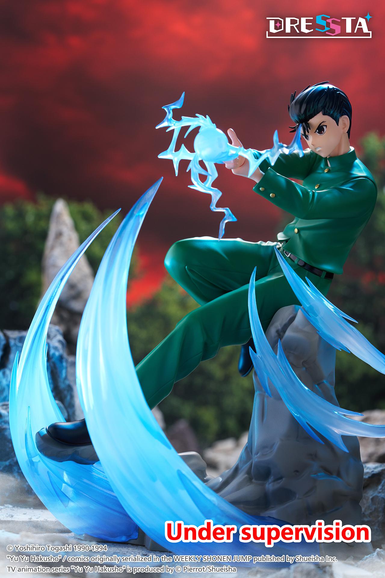 Full-body side angle of Yusuke Urameshi DRESSTA figure staged against rocky mountain terrain.