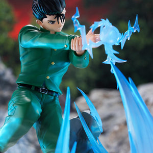 Side view action shot capturing Yusuke Urameshi extending two hands to focus Spirit Gun power.