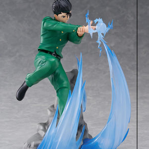 Product dimension graphic for Yusuke Urameshi DRESSTA figure indicating height 195mm, depth 150mm, and width 115mm.