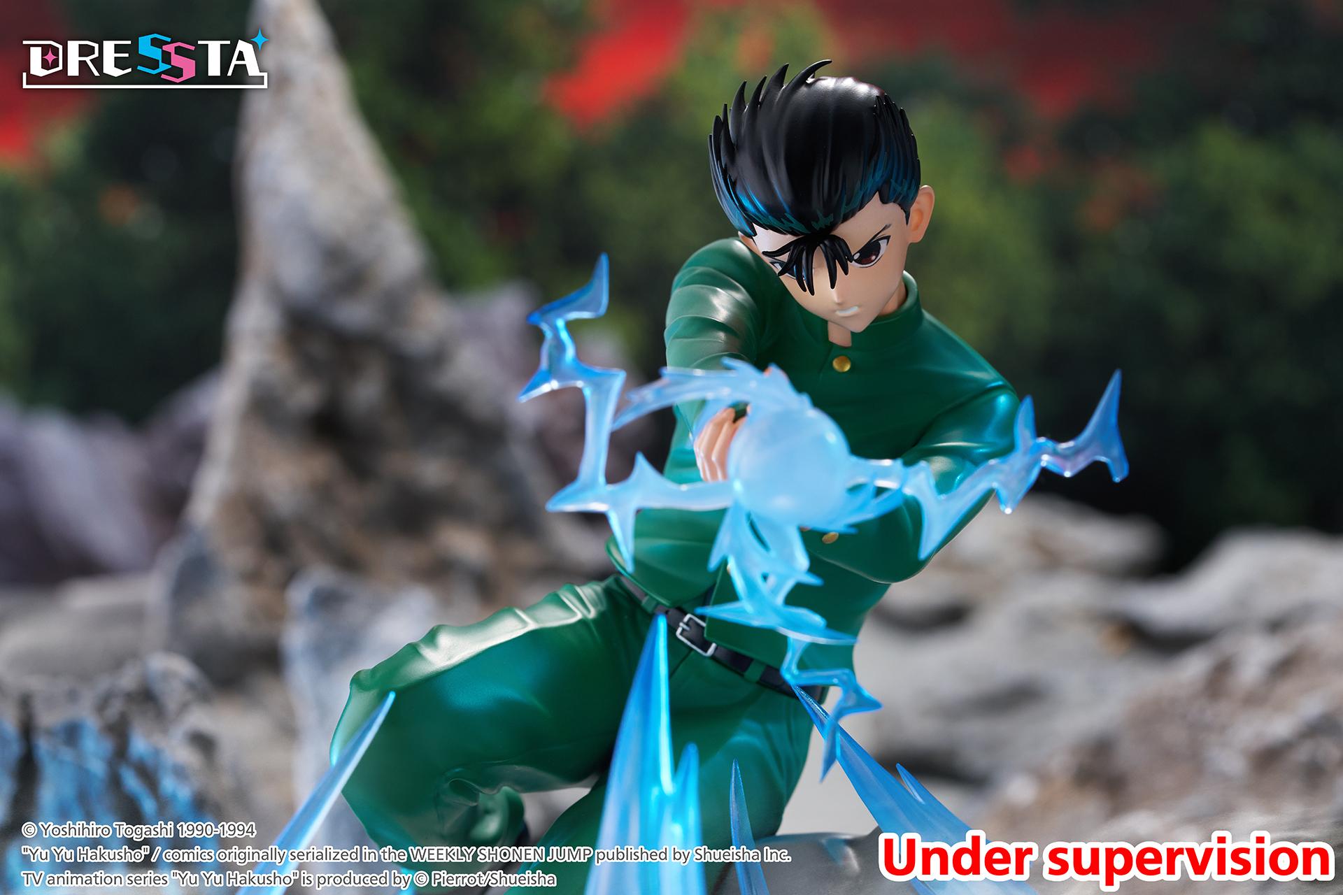 Close-up action shot of Yusuke Urameshi preparing to fire Spirit Gun with bright blue electric sparks.