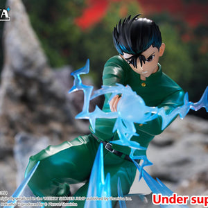 Close-up action shot of Yusuke Urameshi preparing to fire Spirit Gun with bright blue electric sparks.