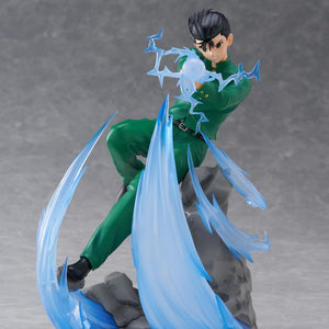 Yu Yu Hakusho Yusuke Urameshi DRESSTA figure unleashing Spirit Gun attack with translucent blue energy effects on rocky base.