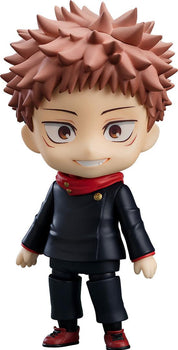 Front view of the Yuji Itadori Nendoroid figure in his signature Jujutsu High uniform with red hoodie detail.