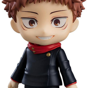 Front view of the Yuji Itadori Nendoroid figure in his signature Jujutsu High uniform with red hoodie detail.