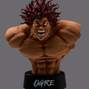 Front view of Yujiro Hanma bust figure with active light-up red glowing eyes feature in low light