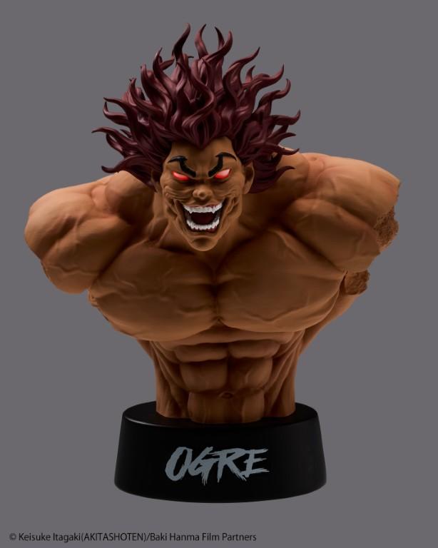 Front view of Yujiro Hanma bust figure with active light-up red glowing eyes feature in low light