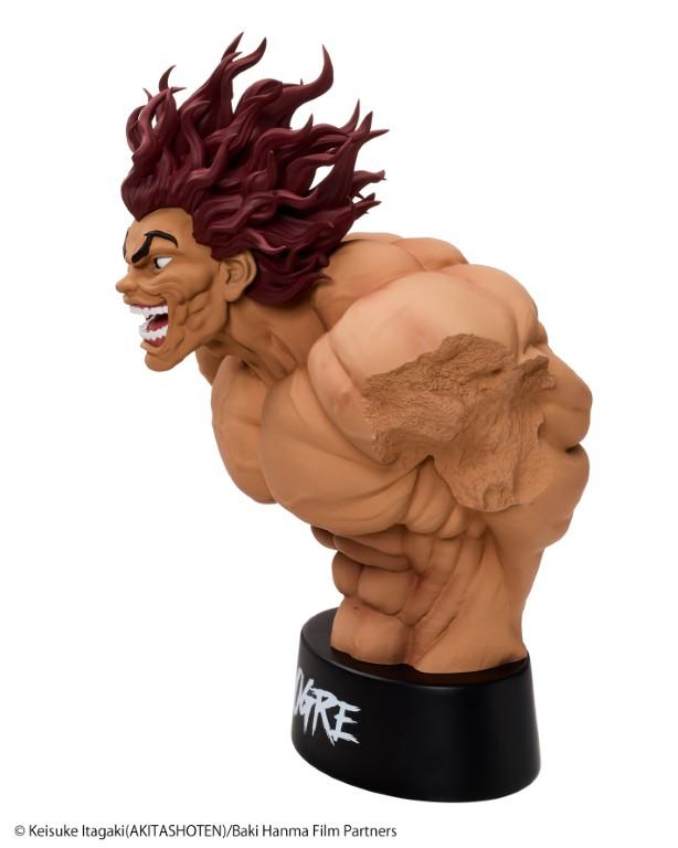 Side profile view of Taito Kuji Yujiro Hanma bust figure displaying intense facial expression and muscular shoulder sculpt