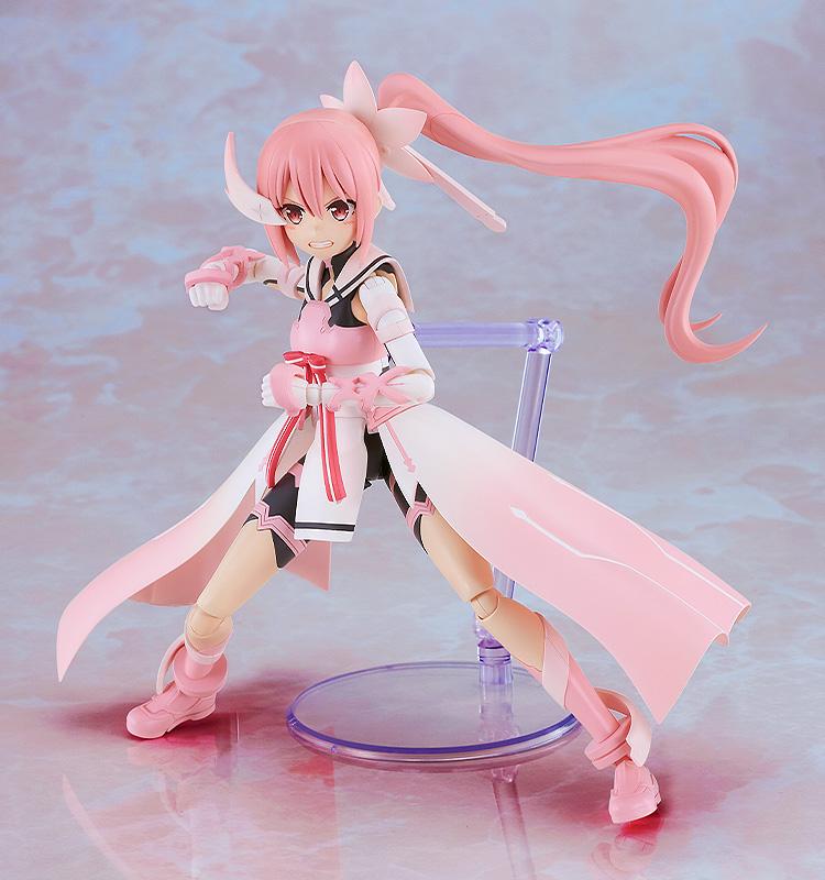 Action-ready combat pose of the Yuki Yuna model kit throwing a punch forward, featuring the interchangeable gritted-teeth face plate.