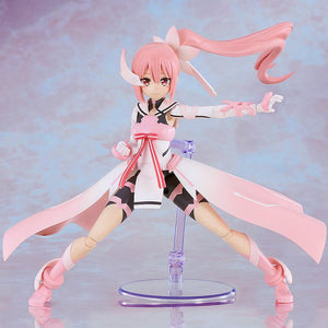 Dynamic combat stance of the PLAMATEA Yuki Yuna model kit with widespread legs and extended arms, supported by a clear display stand.