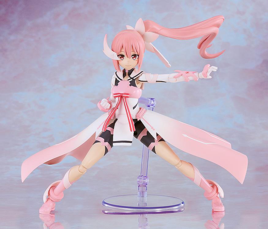 Dynamic combat stance of the PLAMATEA Yuki Yuna model kit with widespread legs and extended arms, supported by a clear display stand.