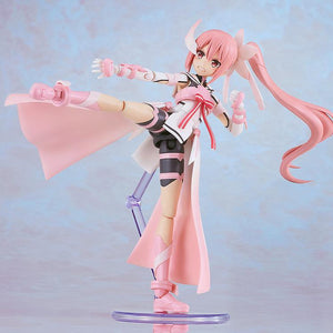 Dynamic action pose of the PLAMATEA Yuki Yuna model kit executing a high martial arts side kick, demonstrating the kit's wide range of articulation.