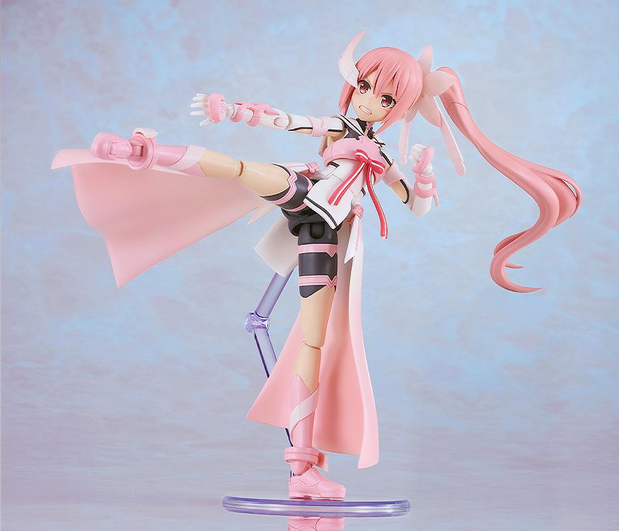 Dynamic action pose of the PLAMATEA Yuki Yuna model kit executing a high martial arts side kick, demonstrating the kit's wide range of articulation.