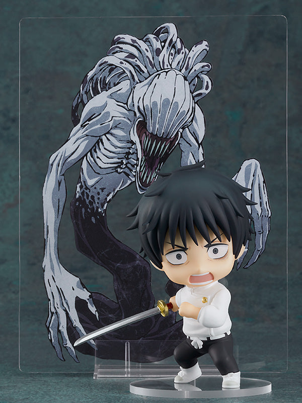 Dynamic combat pose of the Yuta Nendoroid with a drawn sword and yelling expression, displayed in front of the clear Rika illustration sheet.