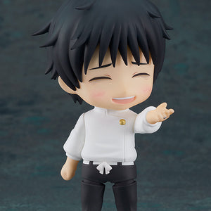 Yuta Okkotsu Nendoroid featuring the interchangeable smiling and blushing face plate with his left hand extended forward.