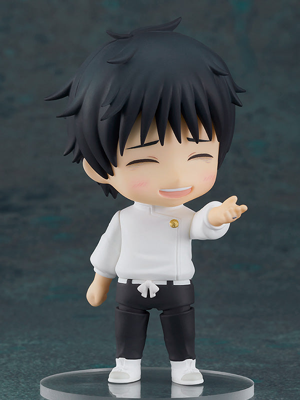 Yuta Okkotsu Nendoroid featuring the interchangeable smiling and blushing face plate with his left hand extended forward.