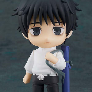 Front view of the Jujutsu Kaisen 0 Yuta Okkotsu Nendoroid figure wearing his white uniform, standing on a clear base and holding his sword carrying bag strap.