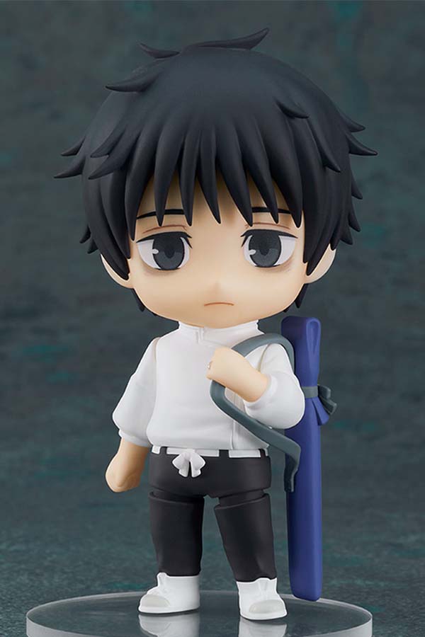Front view of the Jujutsu Kaisen 0 Yuta Okkotsu Nendoroid figure wearing his white uniform, standing on a clear base and holding his sword carrying bag strap.