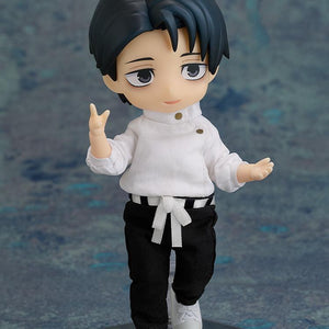 Yuta Okkotsu Nendoroid Doll figure making a peace sign hand gesture in white fabric tunic and black pants