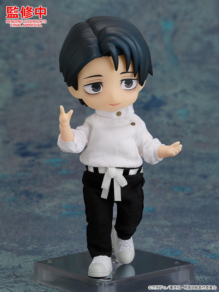 Yuta Okkotsu Nendoroid Doll figure making a peace sign hand gesture in white fabric tunic and black pants