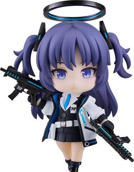 Front view of the Yuuka Hayase Nendoroid from Blue Archive wielding dual submachine guns and wearing her student council uniform.