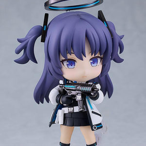Yuuka Hayase Nendoroid in a combat pose holding a submachine gun, showcasing the Millennium Science School coat detail.