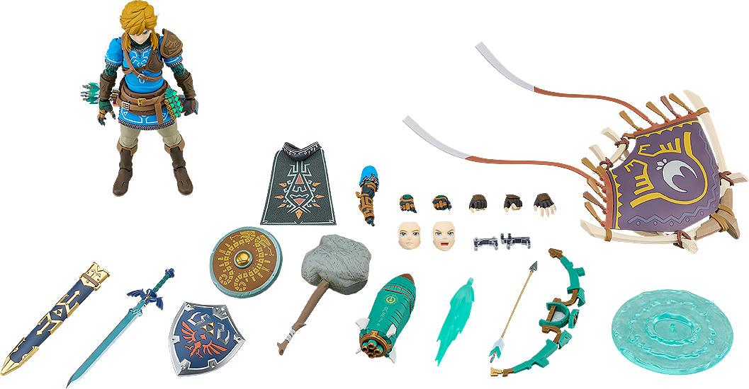 Comprehensive view of the figma Link DX Edition figure and all included accessories on a white background.