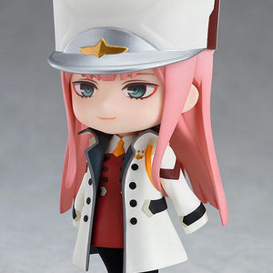 Zero Two Nendoroid wearing her removable white military-style hat and jacket over her red uniform.