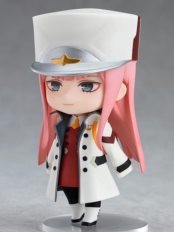 Zero Two Nendoroid wearing her removable white military-style hat and jacket over her red uniform.