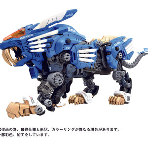 Hero shot of the 1/72 scale AZ-01 Blade Liger motorized model kit in its iconic blue and white armor with gold claws.