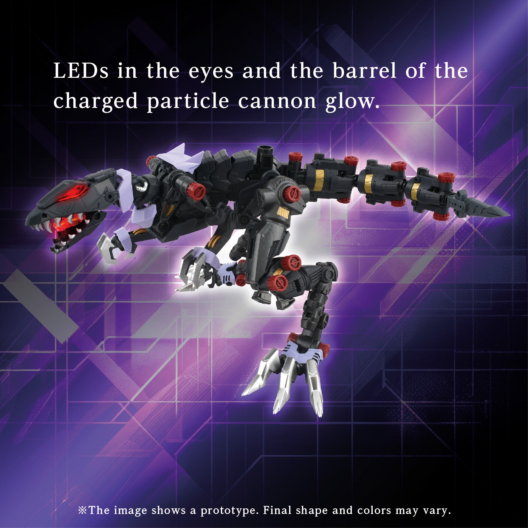 Detail shot showing the LED light-up effect in the eyes and the barrel of the charged particle cannon on the Zoids Berserk Fury figure.