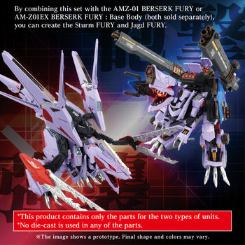 Combined image showing the two enhanced Zoids modes: the Sturm Fury (left) and the Jagd Fury (right), created using the AMZ-01 CP Sturm Jagd Unit.